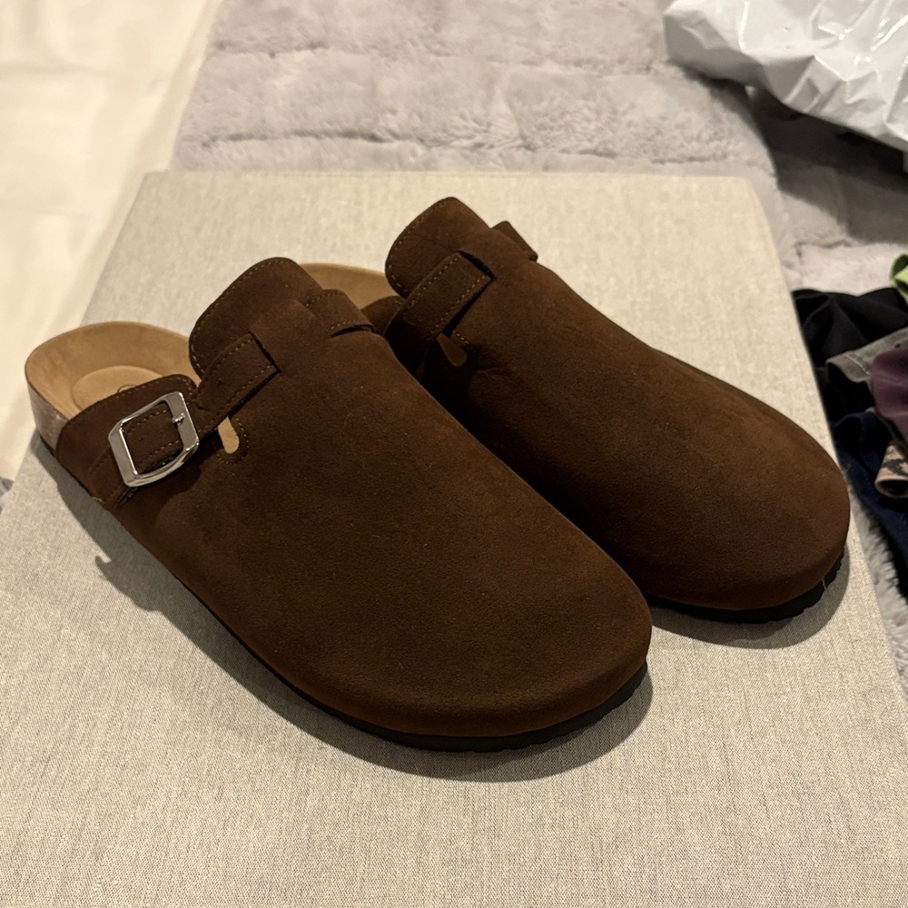 Mocha Suede Clogs with Buckle